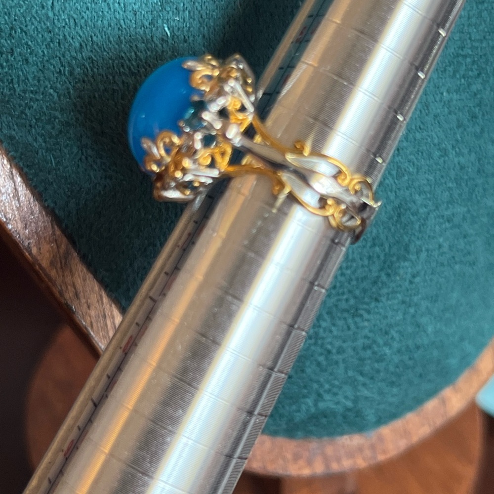 925 Silver w/ 18k overlay Blue Chalcedony w/Blue Topaz Accents Dome Ring Sz 7 - Picture 6 of 6